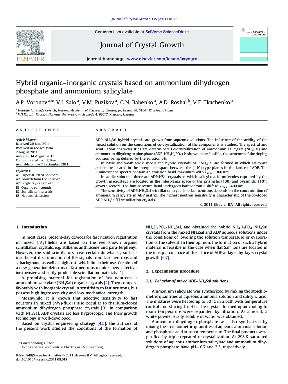 Hybrid organic–inorganic crystals based on ammonium dihydrogen phosphate and ammonium salicylate