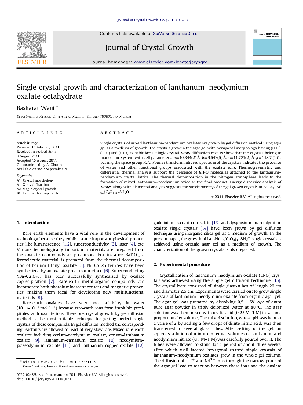 Single crystal growth and characterization of lanthanum–neodymium oxalate octahydrate