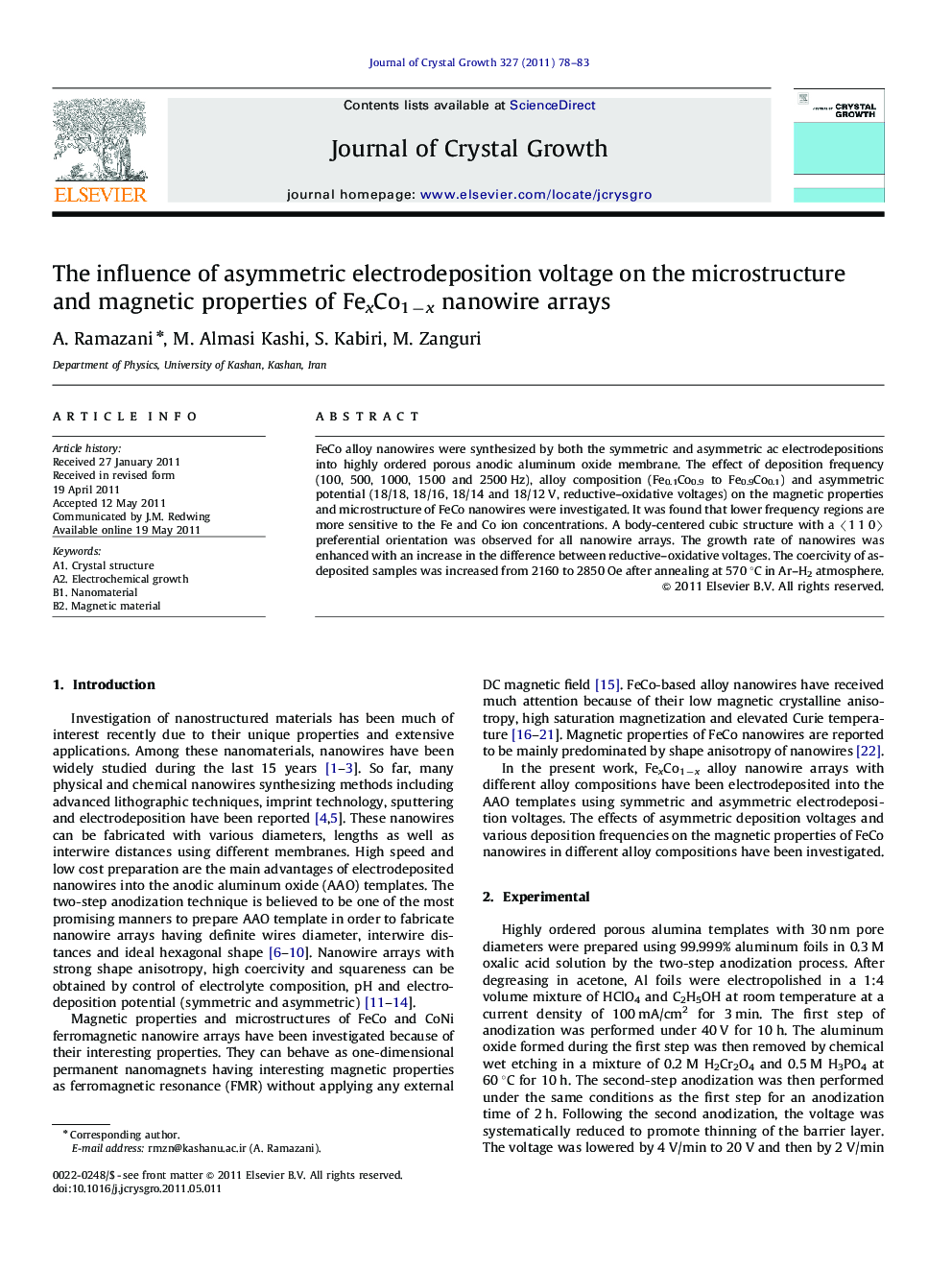 The influence of asymmetric electrodeposition voltage on the microstructure and magnetic properties of FexCo1−x nanowire arrays