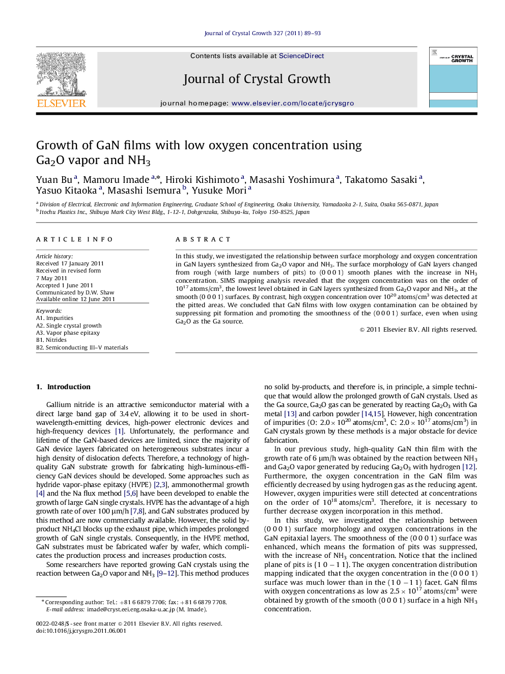 Growth of GaN films with low oxygen concentration using Ga2O vapor and NH3