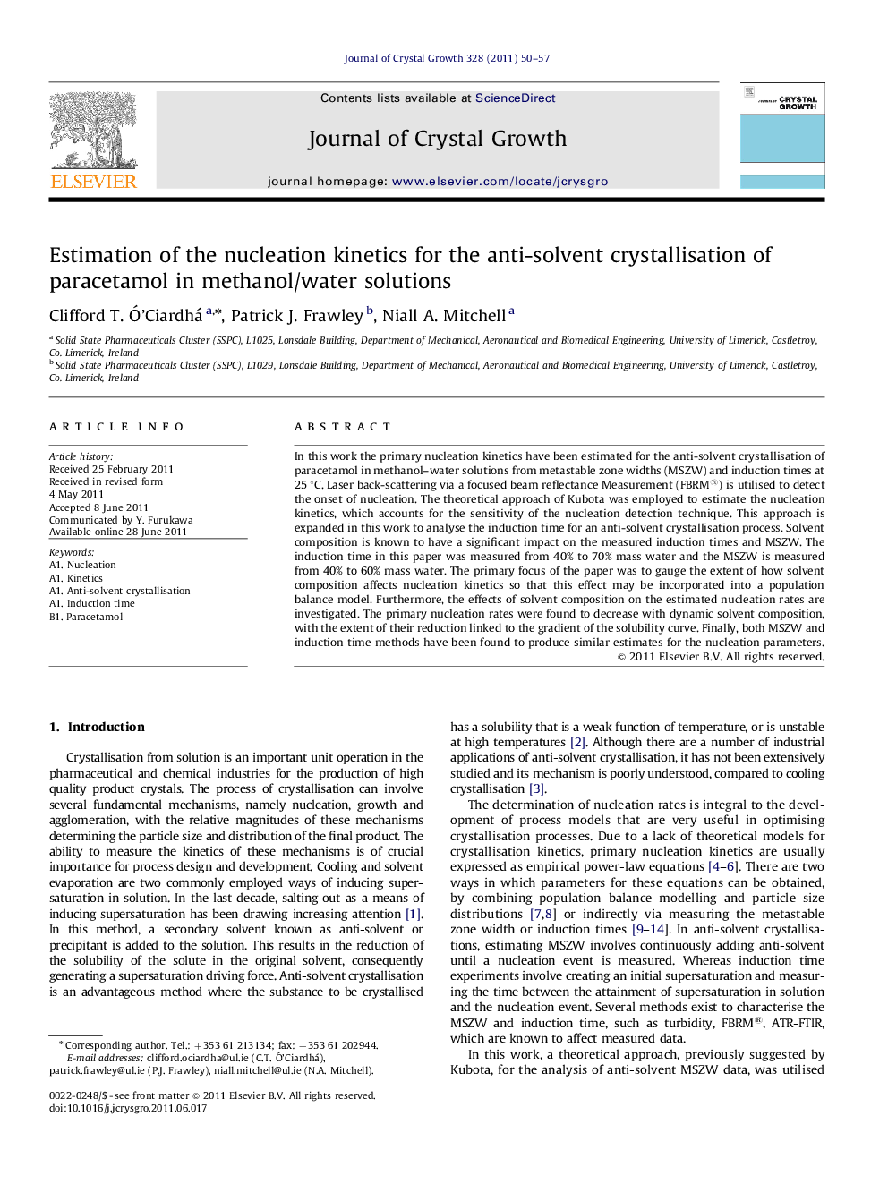 Estimation of the nucleation kinetics for the anti-solvent crystallisation of paracetamol in methanol/water solutions