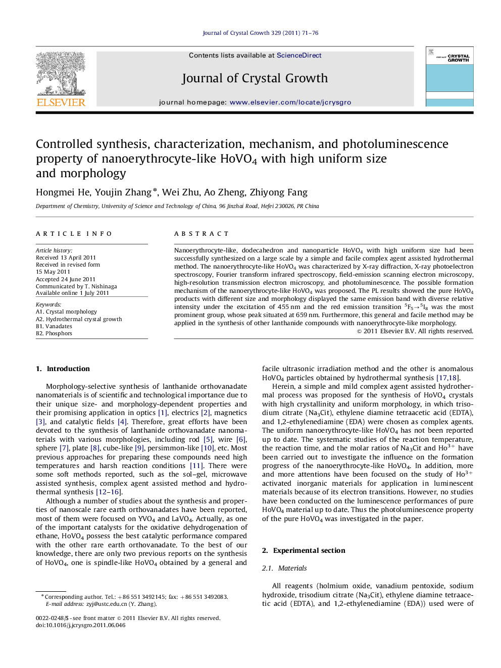 Controlled synthesis, characterization, mechanism, and photoluminescence property of nanoerythrocyte-like HoVO4 with high uniform size and morphology