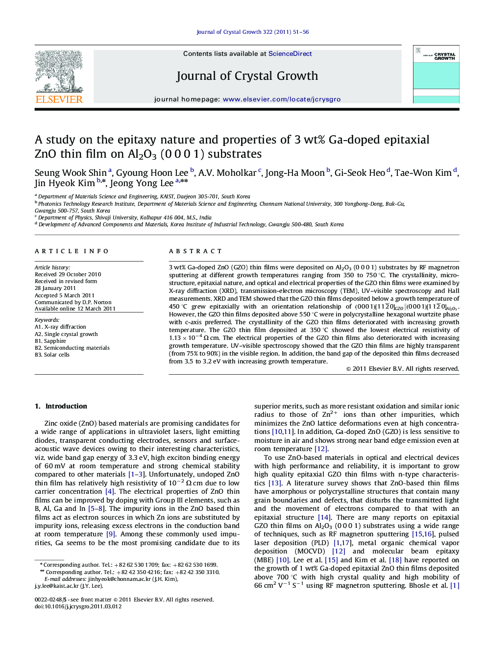 A study on the epitaxy nature and properties of 3Â wt% Ga-doped epitaxial ZnO thin film on Al2O3 (0Â 0Â 0Â 1) substrates