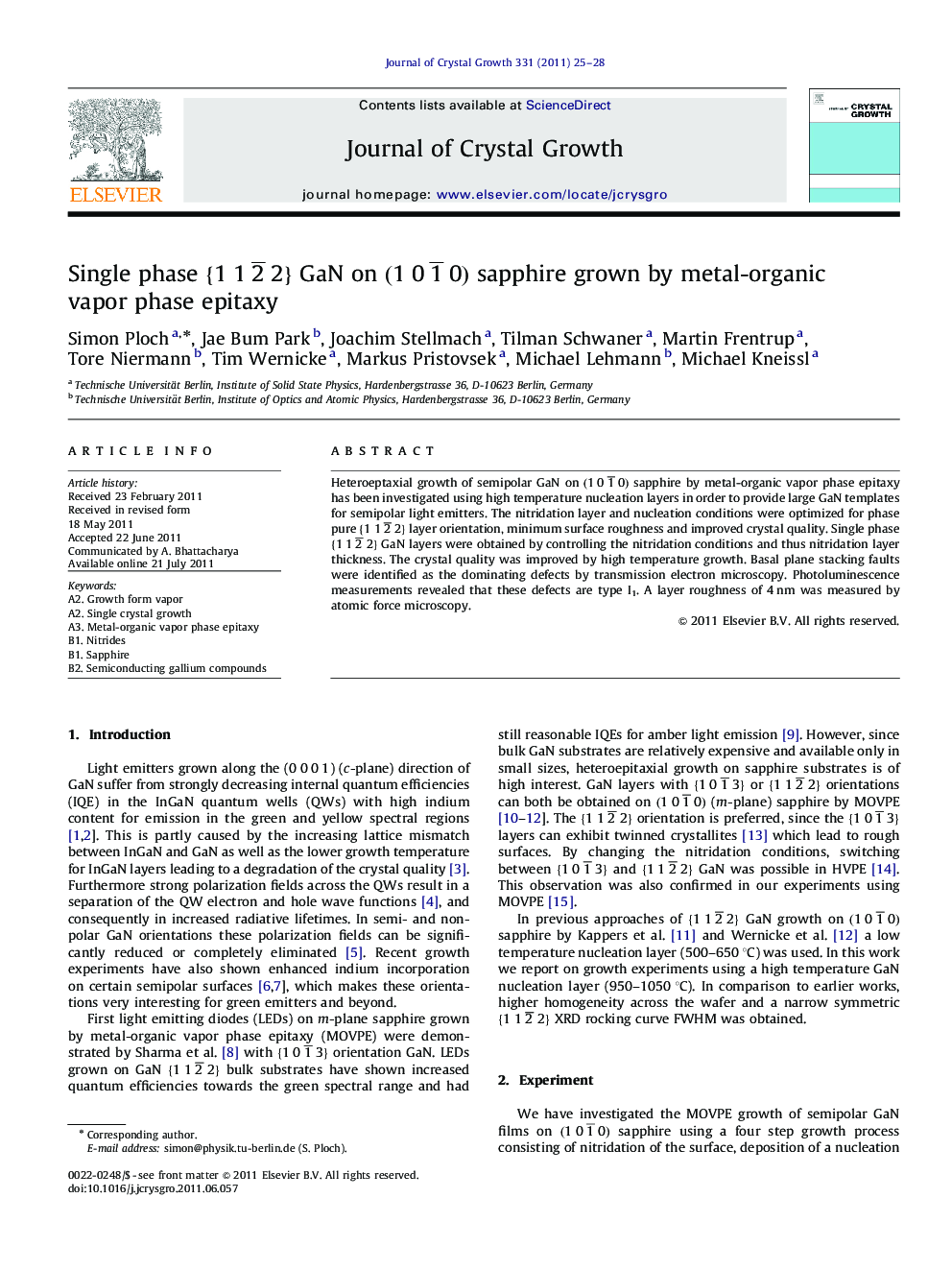 Single phase {112¯2} GaN on (101¯0) sapphire grown by metal-organic vapor phase epitaxy