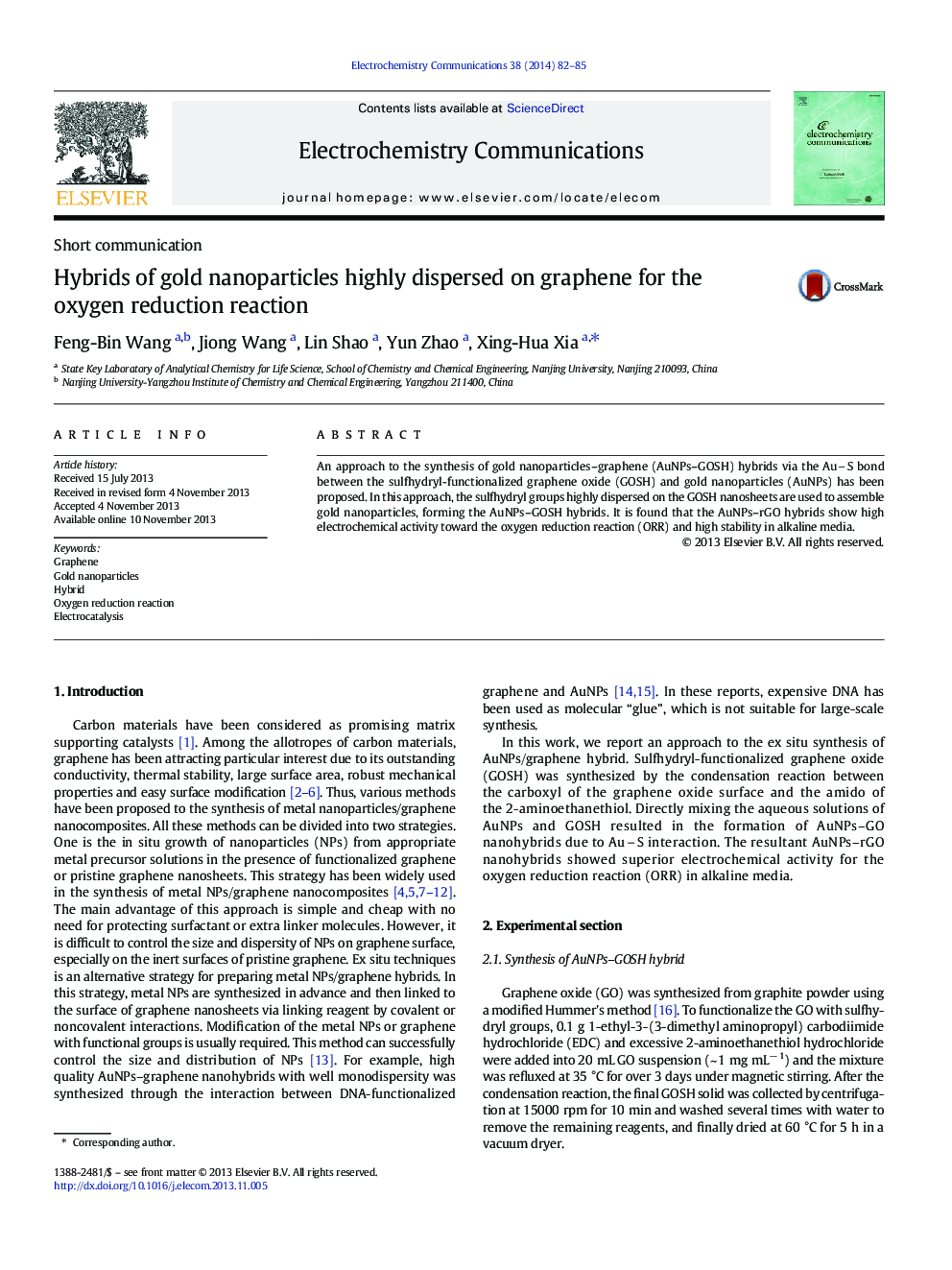 Hybrids of gold nanoparticles highly dispersed on graphene for the oxygen reduction reaction