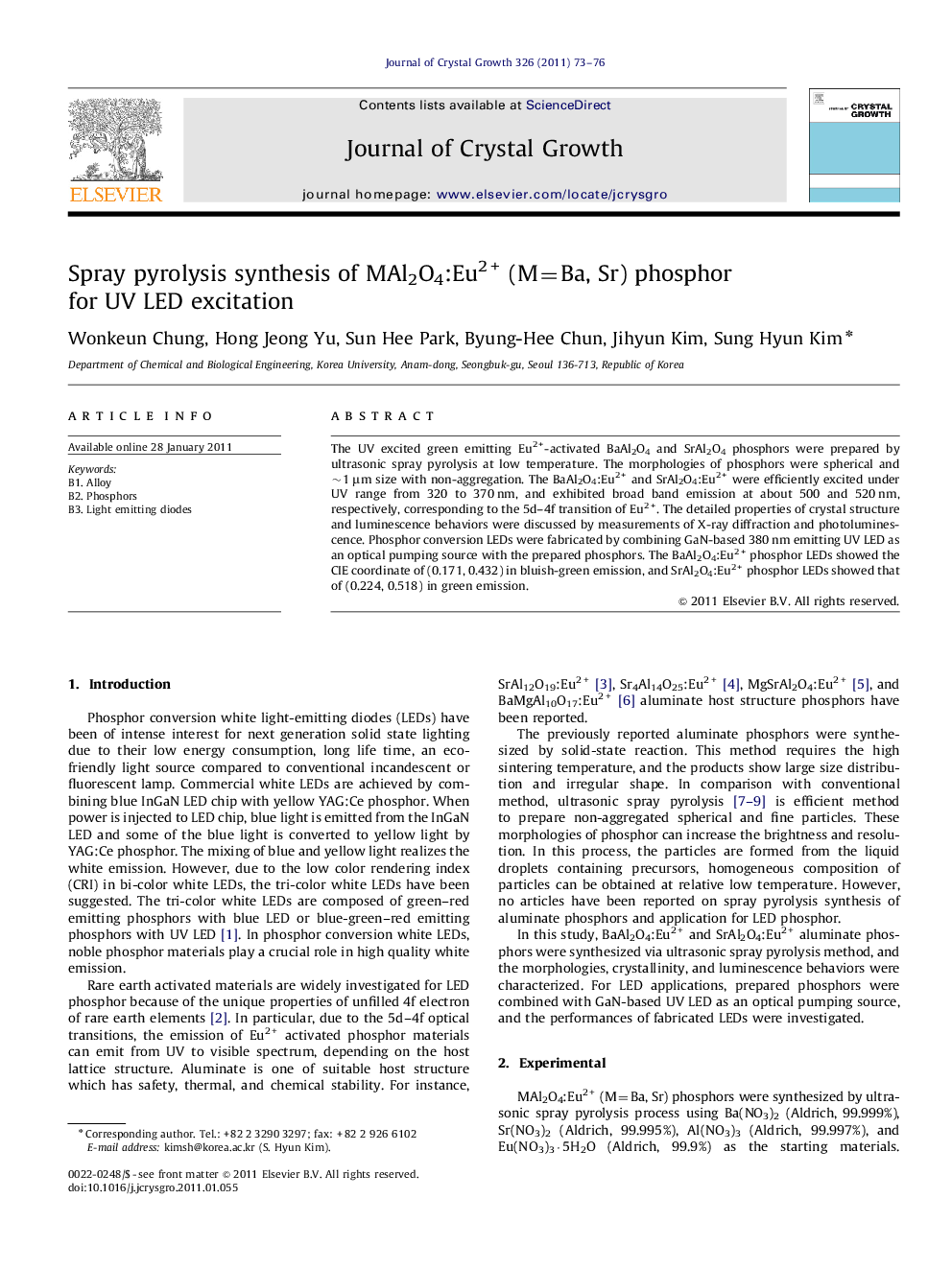 Spray pyrolysis synthesis of MAl2O4:Eu2+ (M=Ba, Sr) phosphor for UV LED excitation