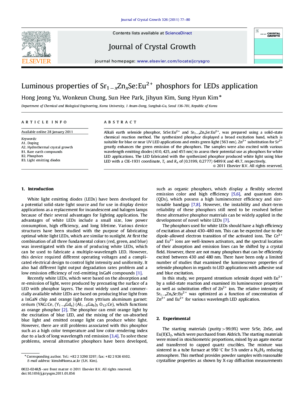 Luminous properties of Sr1âxZnxSe:Eu2+ phosphors for LEDs application