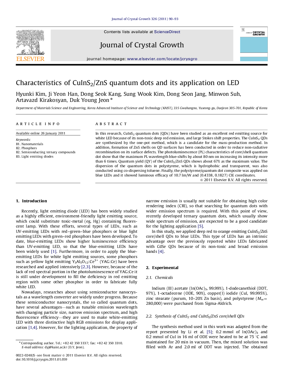 Characteristics of CuInS2/ZnS quantum dots and its application on LED