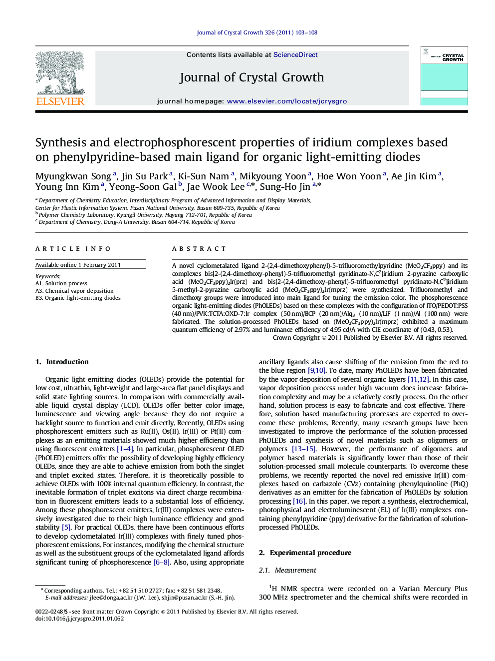 Synthesis and electrophosphorescent properties of iridium complexes based on phenylpyridine-based main ligand for organic light-emitting diodes