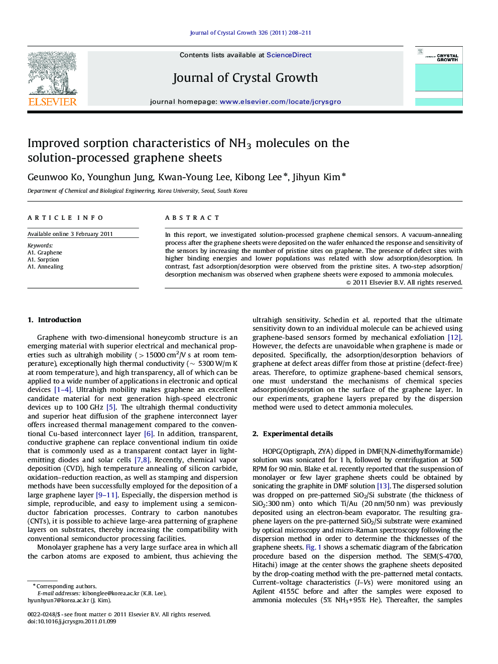 عکس صفحه اول مقاله: Improved sorption characteristics of NH3 molecules on the solution-processed graphene sheets Improved sorption characteristics of NH3 molecules on the solution-processed graphene sheets