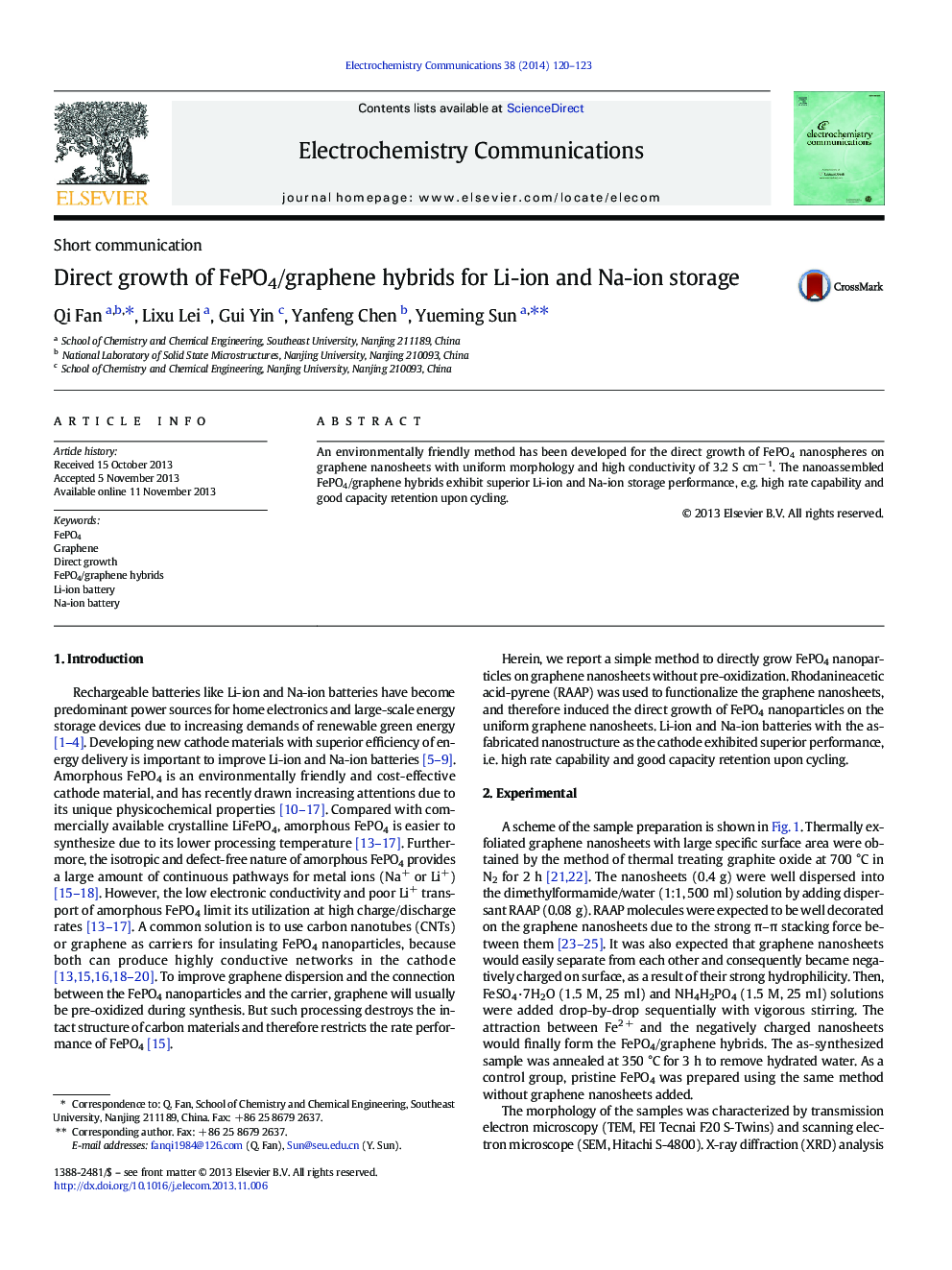 Direct growth of FePO4/graphene hybrids for Li-ion and Na-ion storage