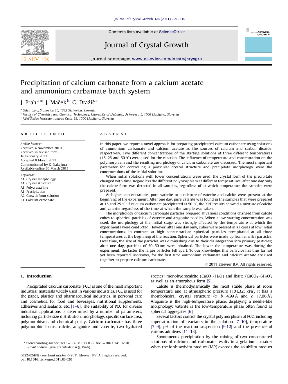 Precipitation of calcium carbonate from a calcium acetate and ammonium carbamate batch system