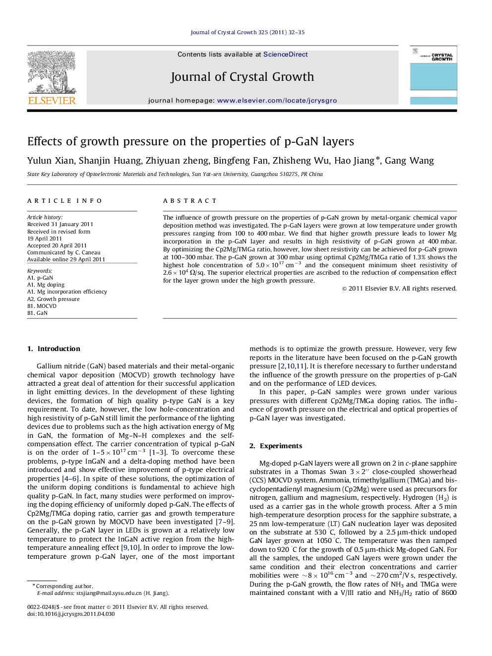 Effects of growth pressure on the properties of p-GaN layers