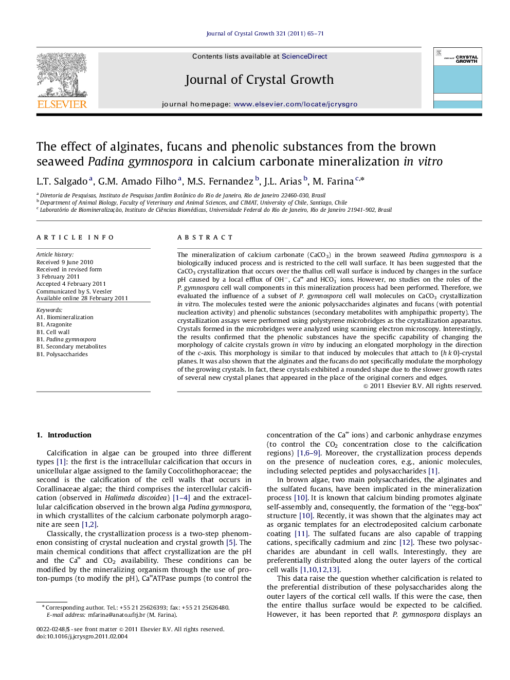 عکس صفحه اول مقاله: The effect of alginates, fucans and phenolic substances from the brown seaweed Padina gymnospora in calcium carbonate mineralization in vitro The effect of alginates, fucans and phenolic substances from the brown seaweed Padina gymnospora in calcium carbonate mineralization in vitro