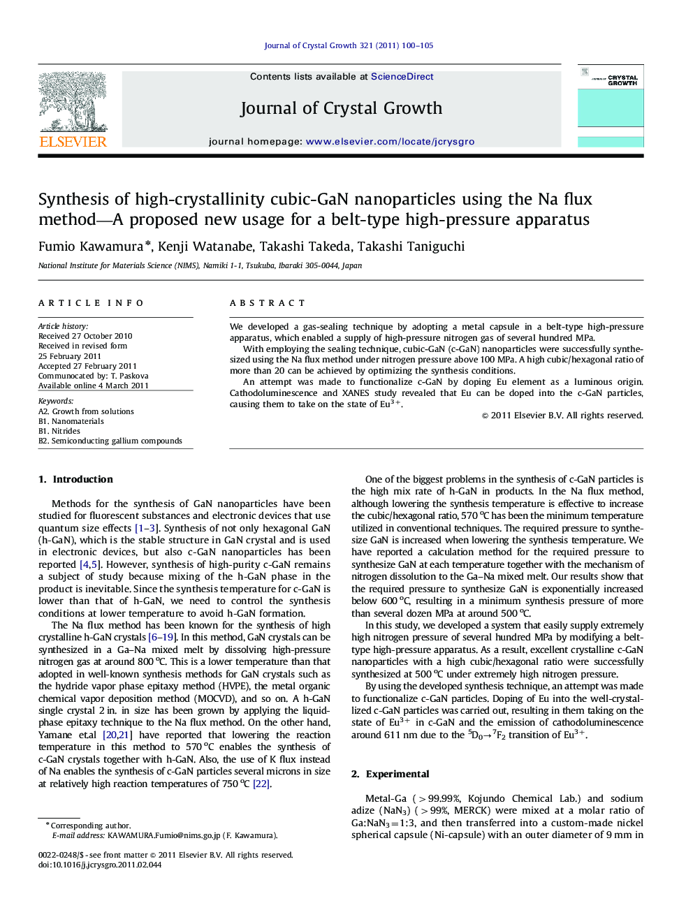 Synthesis of high-crystallinity cubic-GaN nanoparticles using the Na flux method—A proposed new usage for a belt-type high-pressure apparatus