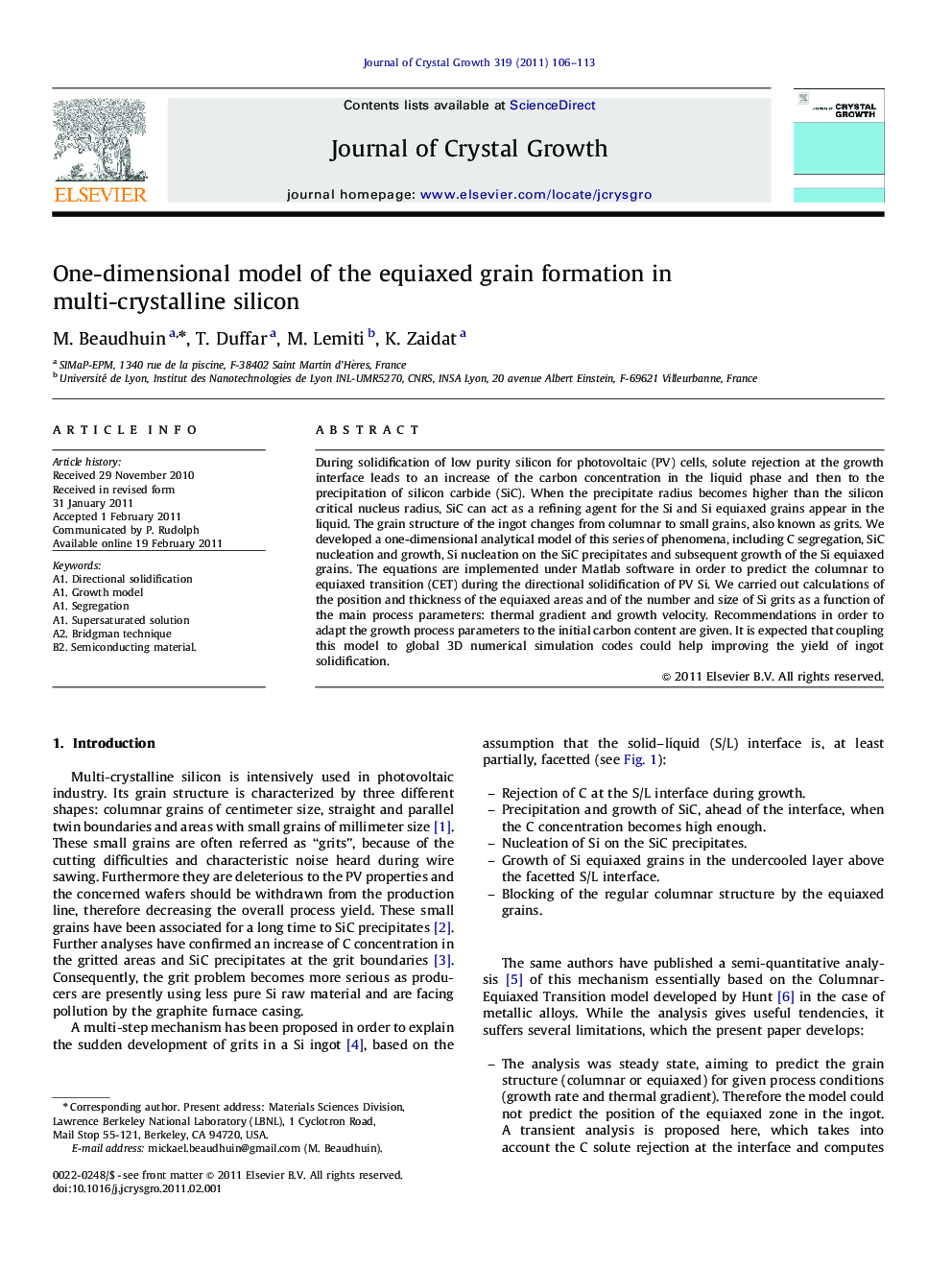 One-dimensional model of the equiaxed grain formation in multi-crystalline silicon