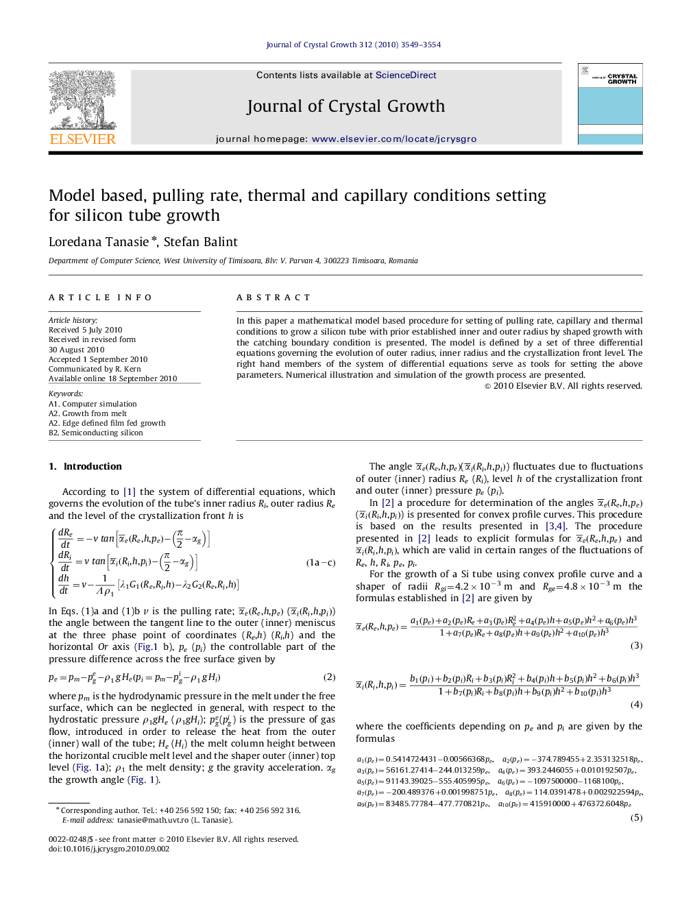 Model based, pulling rate, thermal and capillary conditions setting for silicon tube growth