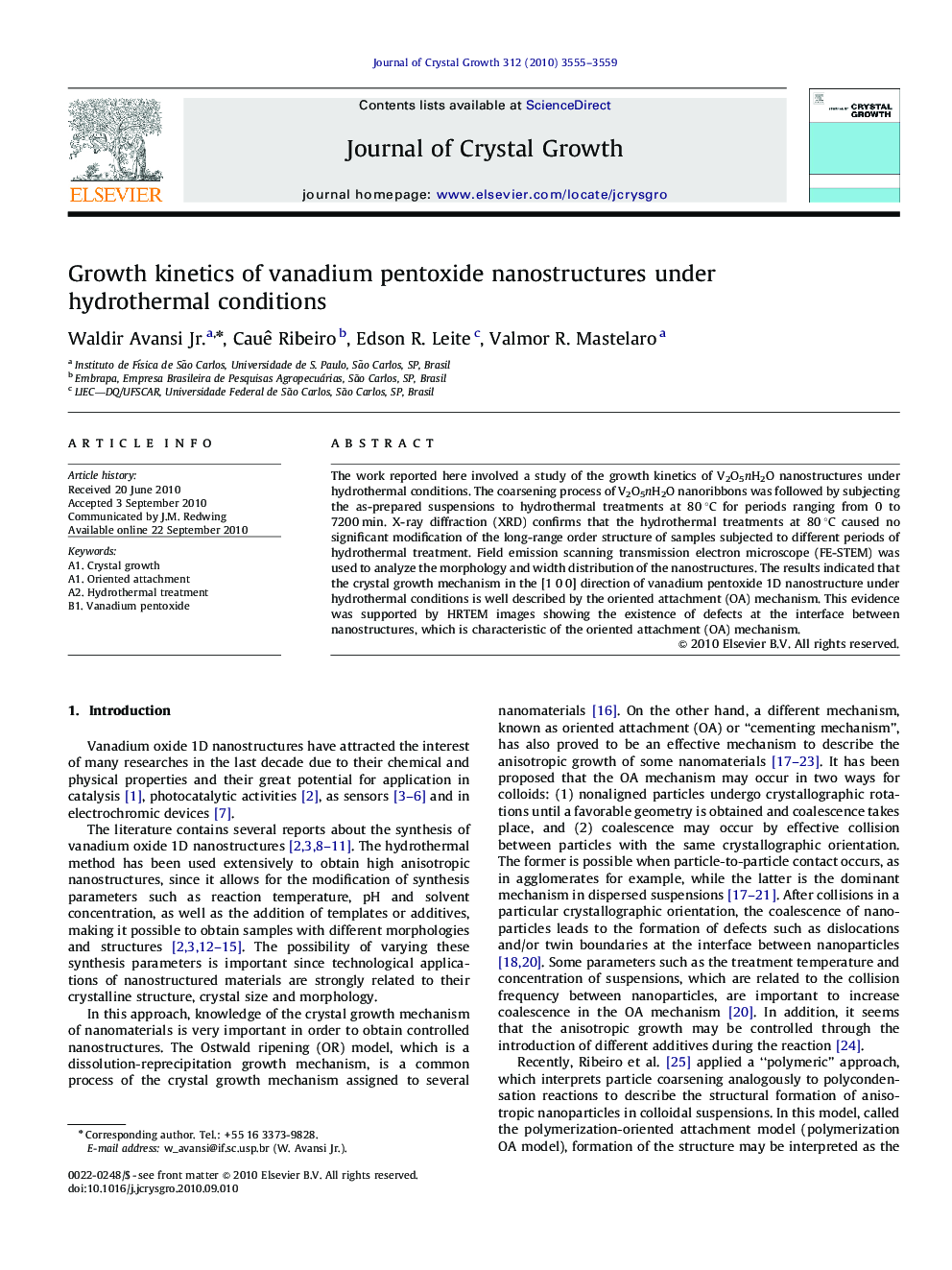 Growth kinetics of vanadium pentoxide nanostructures under hydrothermal conditions