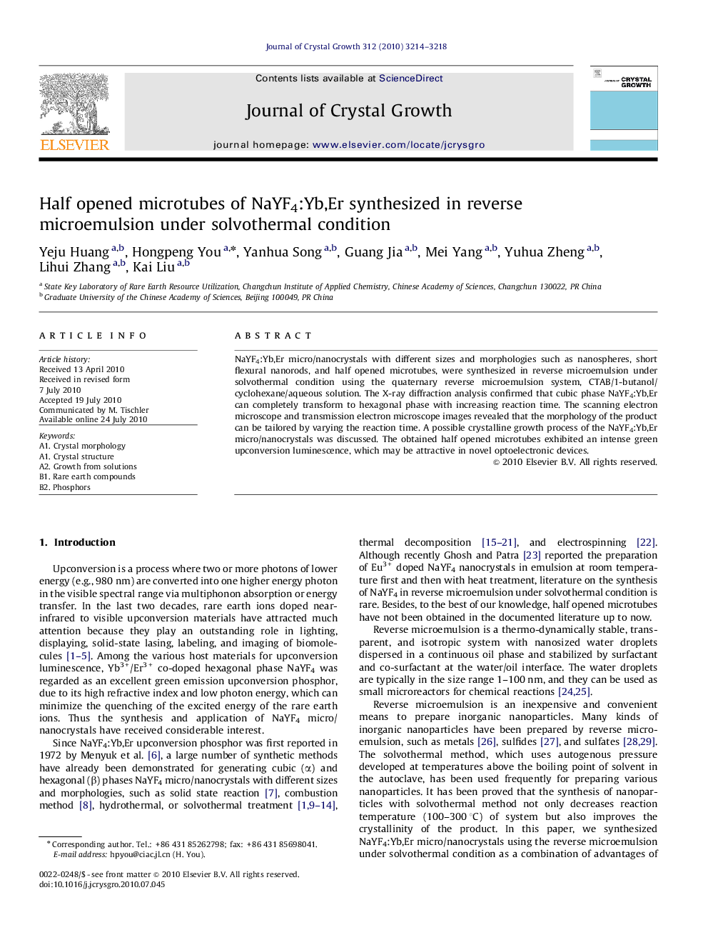 Half opened microtubes of NaYF4:Yb,Er synthesized in reverse microemulsion under solvothermal condition