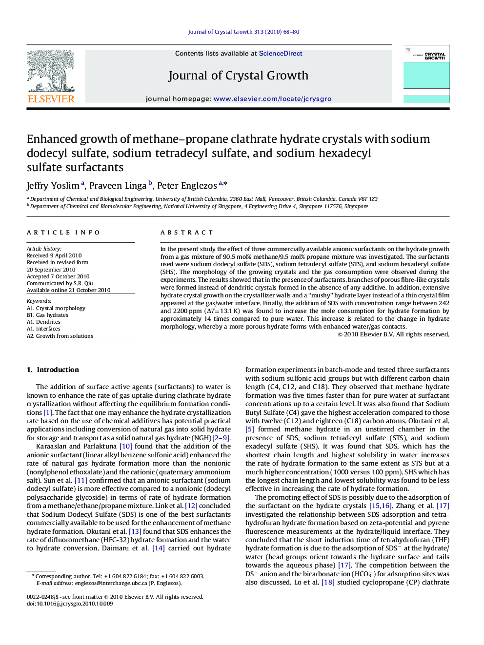 Enhanced growth of methane-propane clathrate hydrate crystals with sodium dodecyl sulfate, sodium tetradecyl sulfate, and sodium hexadecyl sulfate surfactants