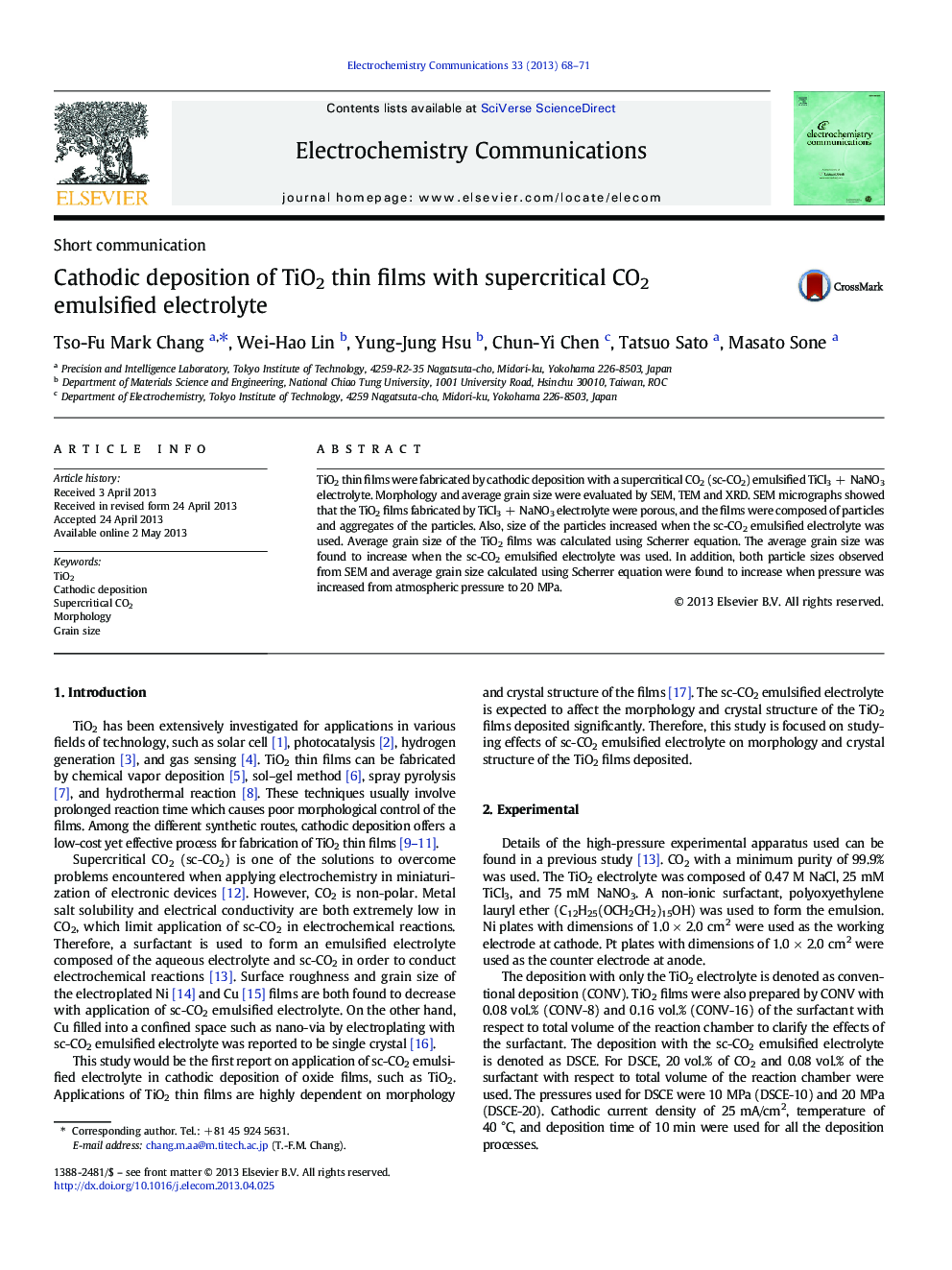 Cathodic deposition of TiO2 thin films with supercritical CO2 emulsified electrolyte