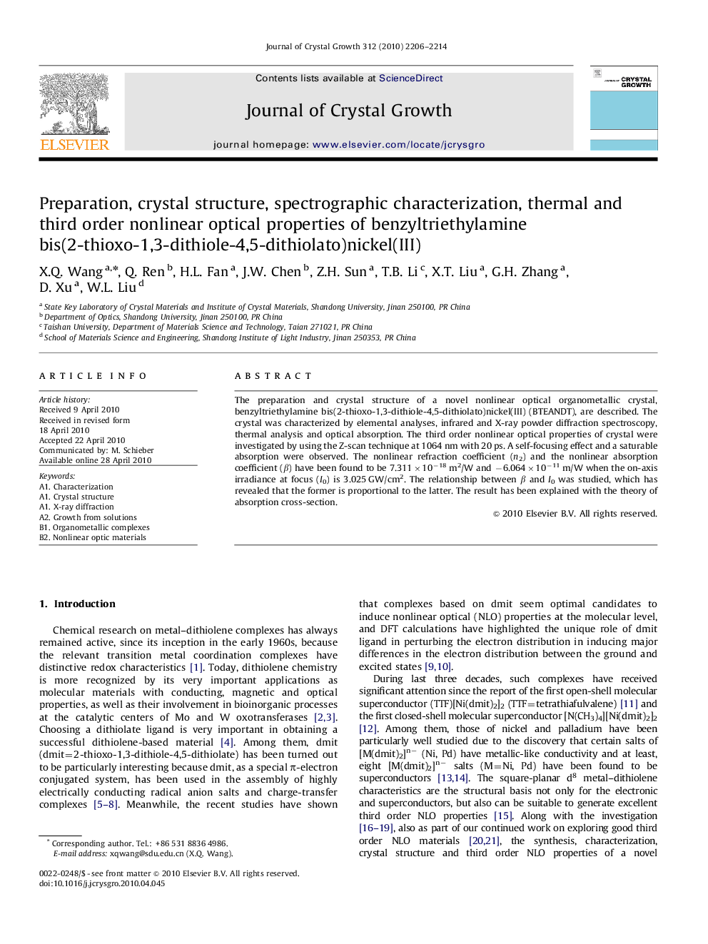 Preparation, crystal structure, spectrographic characterization, thermal and third order nonlinear optical properties of benzyltriethylamine bis(2-thioxo-1,3-dithiole-4,5-dithiolato)nickel(III)