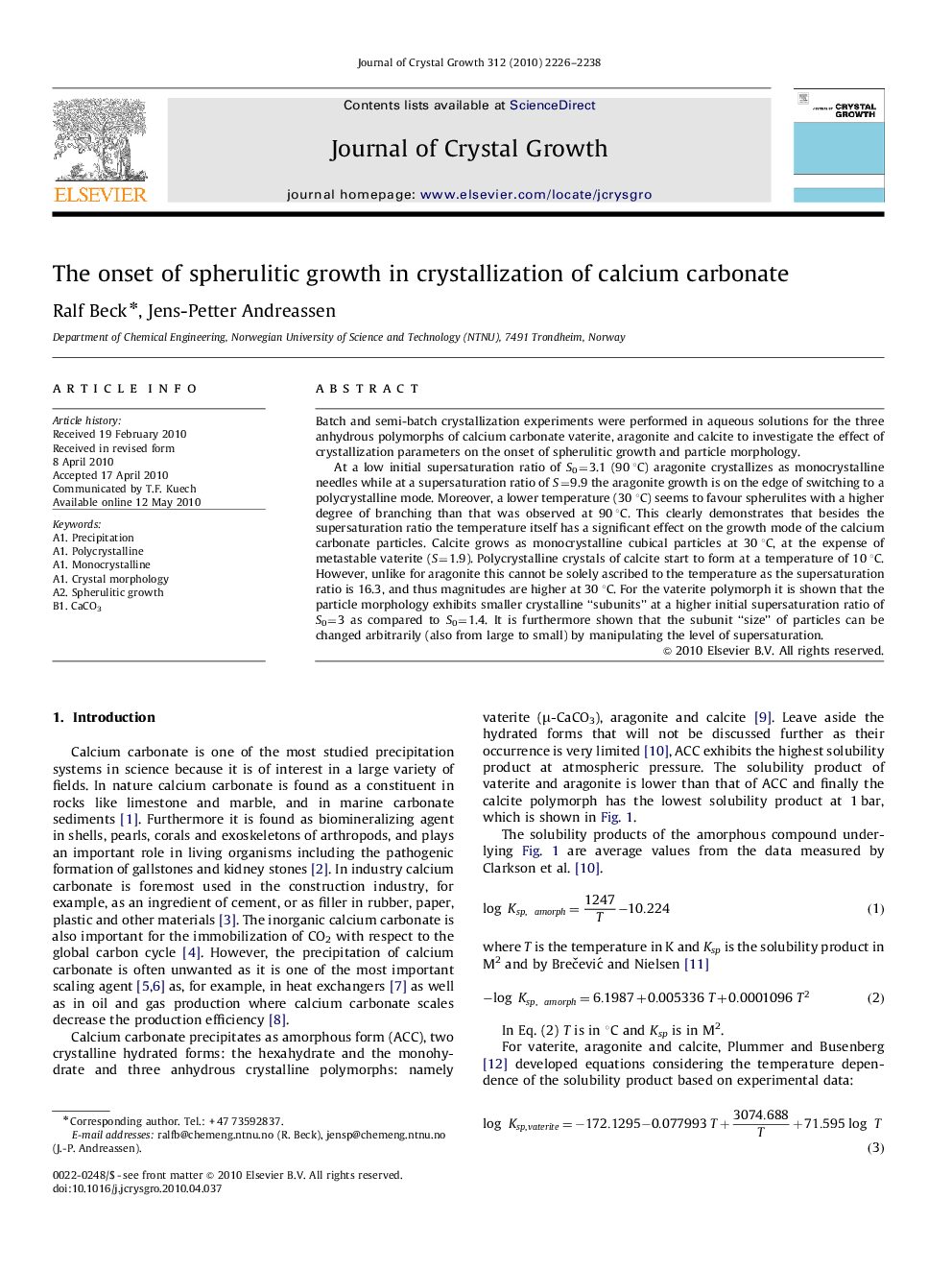 The onset of spherulitic growth in crystallization of calcium carbonate