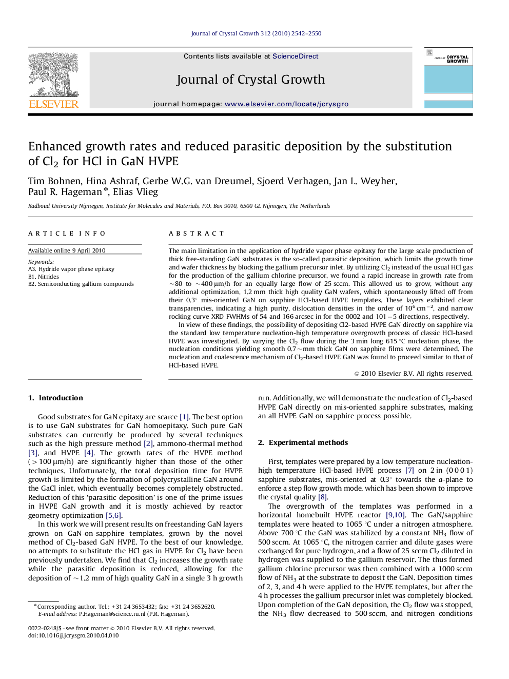 Enhanced growth rates and reduced parasitic deposition by the substitution of Cl2 for HCl in GaN HVPE