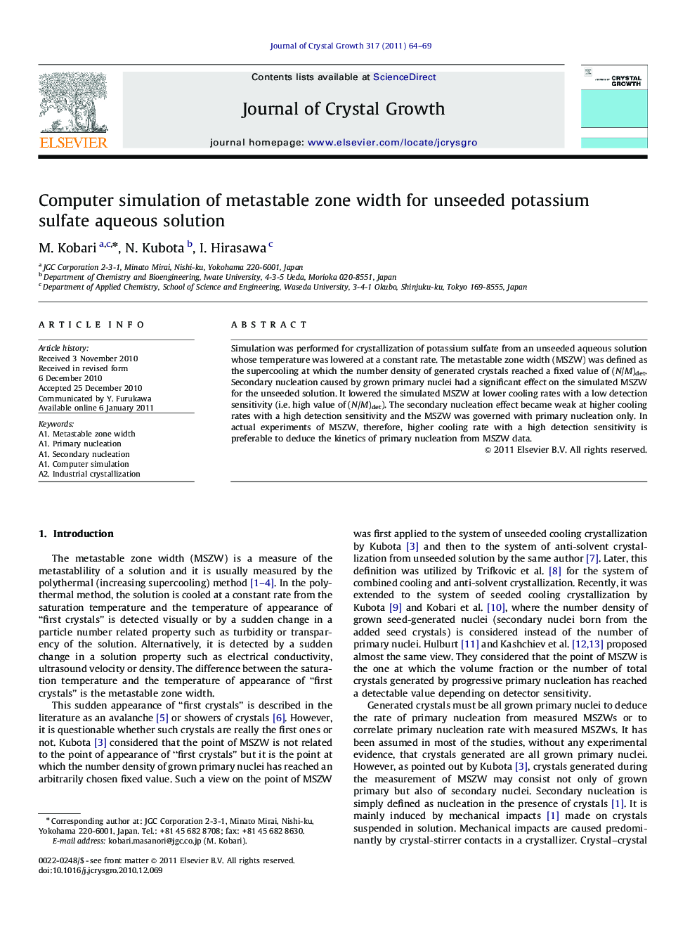 Computer simulation of metastable zone width for unseeded potassium sulfate aqueous solution