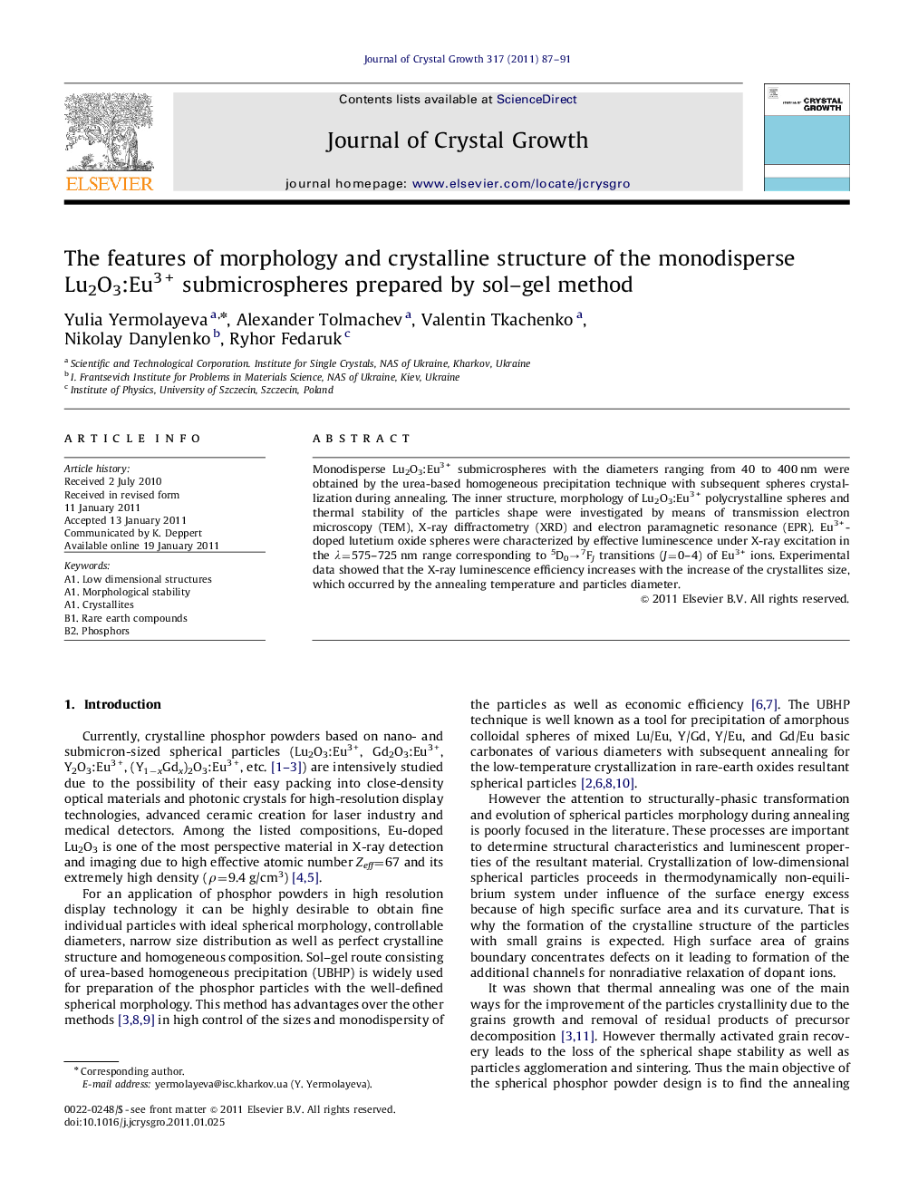 The features of morphology and crystalline structure of the monodisperse Lu2O3:Eu3+ submicrospheres prepared by sol–gel method