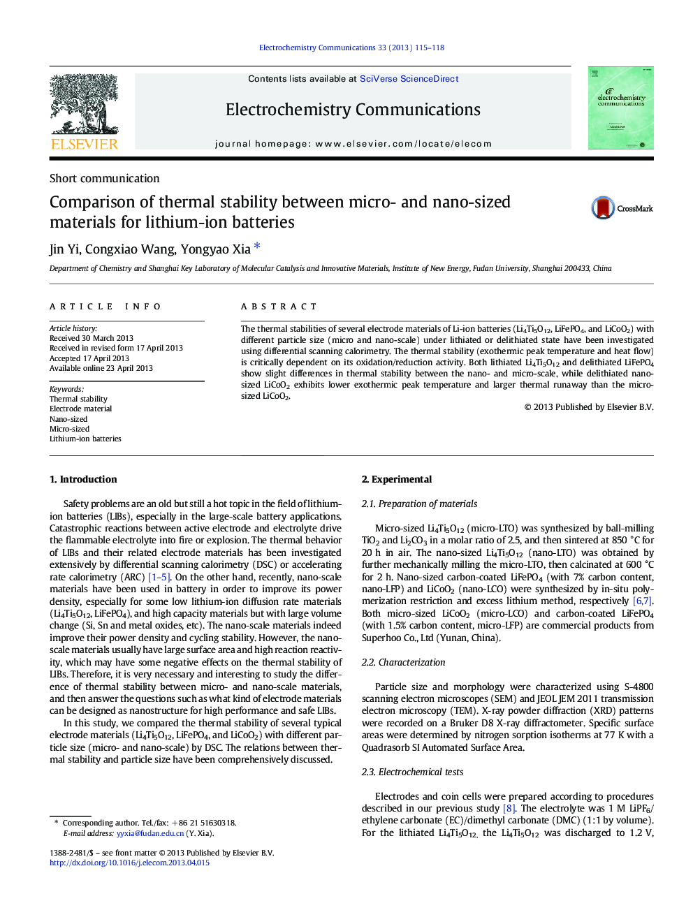 Comparison of thermal stability between micro- and nano-sized materials for lithium-ion batteries