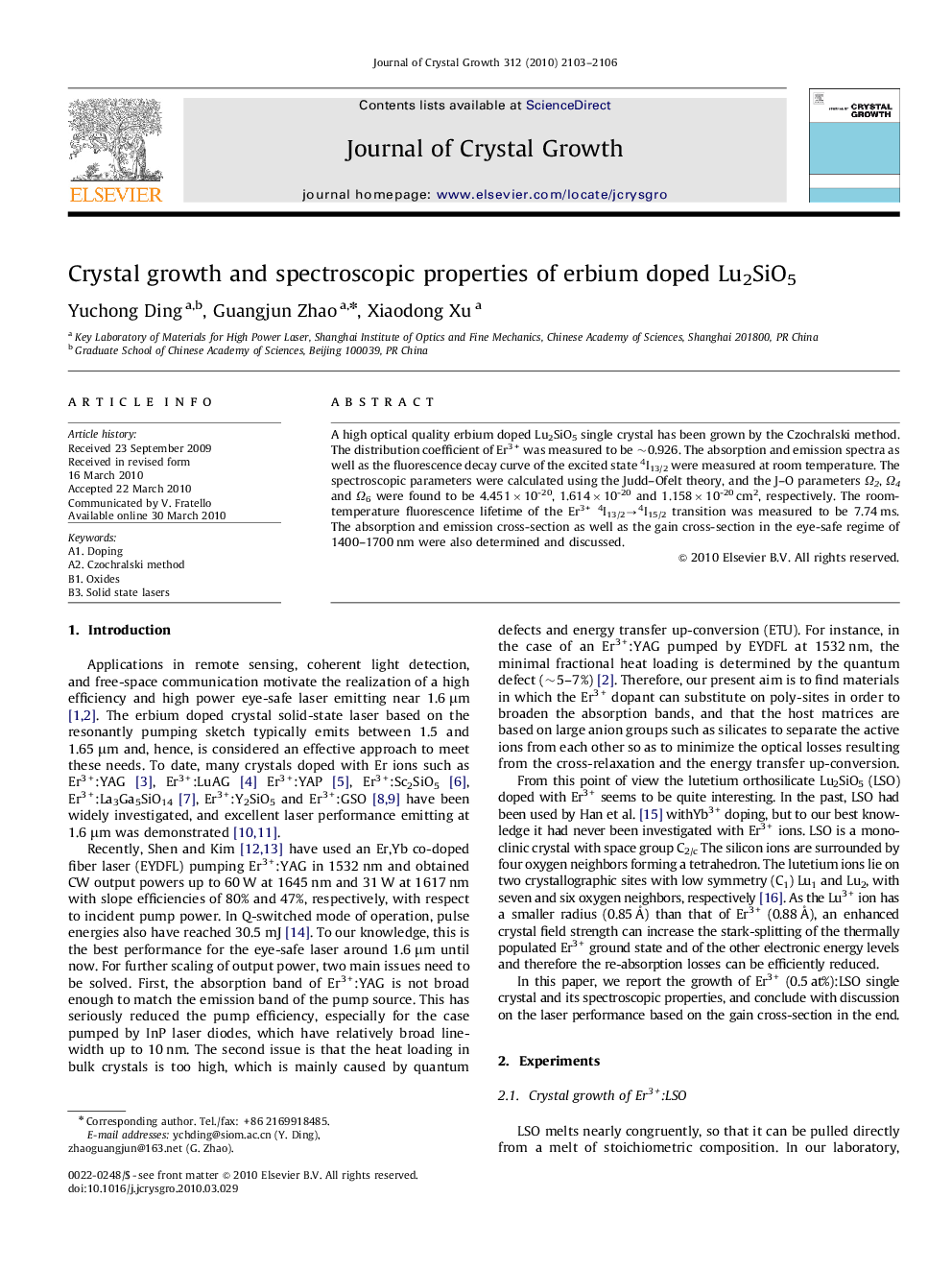 Crystal growth and spectroscopic properties of erbium doped Lu2SiO5