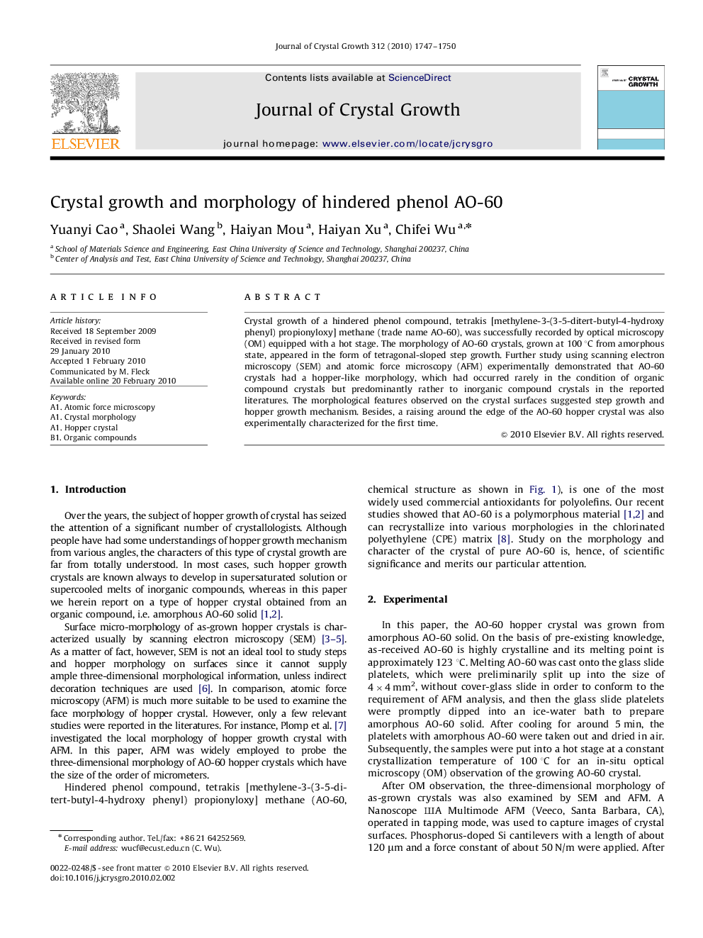 Crystal growth and morphology of hindered phenol AO-60