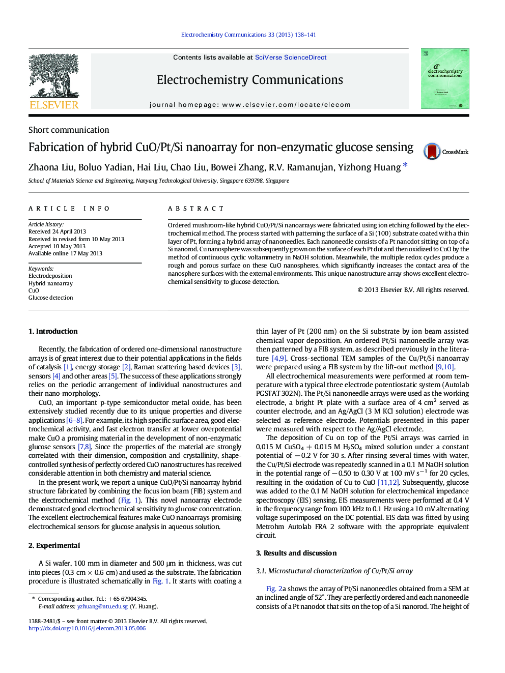 Fabrication of hybrid CuO/Pt/Si nanoarray for non-enzymatic glucose sensing