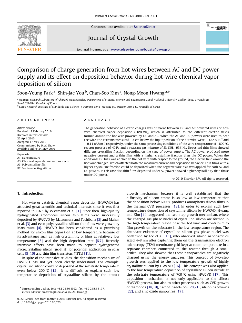 Comparison of charge generation from hot wires between AC and DC power supply and its effect on deposition behavior during hot-wire chemical vapor deposition of silicon