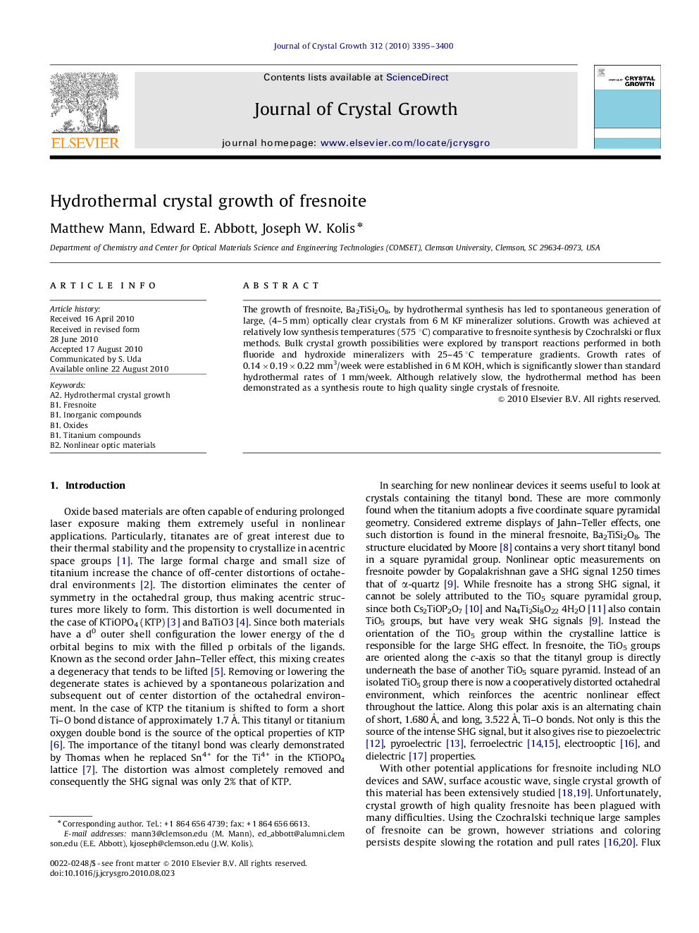 Hydrothermal crystal growth of fresnoite