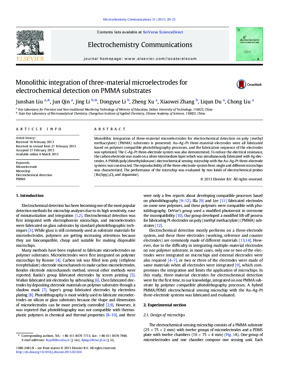 Monolithic integration of three-material microelectrodes for electrochemical detection on PMMA substrates