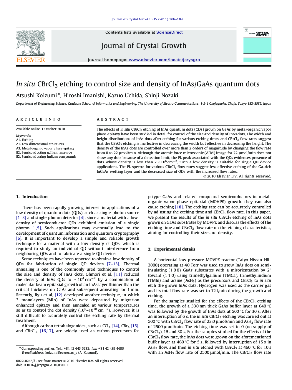 In situ CBrCl3 etching to control size and density of InAs/GaAs quantum dots