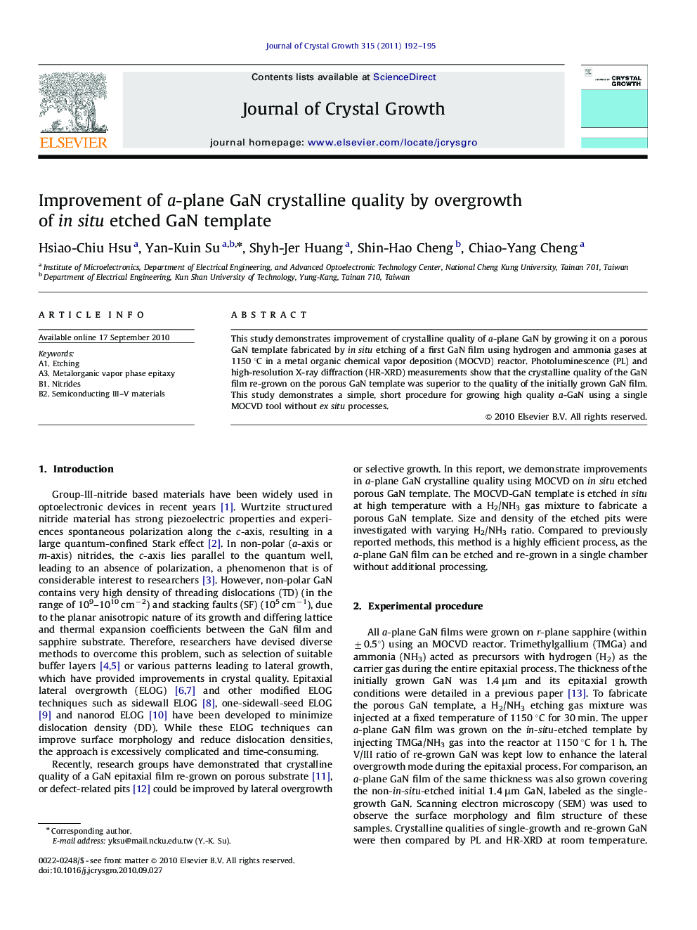 Improvement of a-plane GaN crystalline quality by overgrowth of in situ etched GaN template