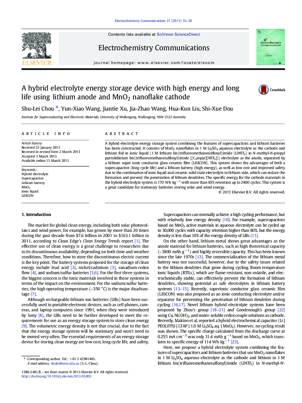 عکس صفحه اول مقاله: A hybrid electrolyte energy storage device with high energy and long life using lithium anode and MnO2 nanoflake cathode A hybrid electrolyte energy storage device with high energy and long life using lithium anode and MnO2 nanoflake cathode