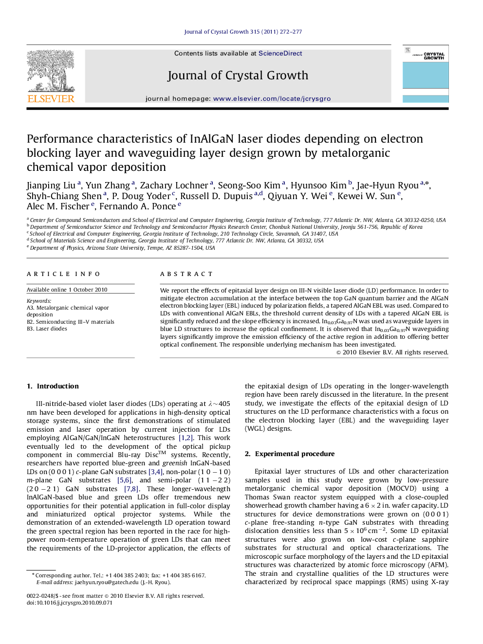 Performance characteristics of InAlGaN laser diodes depending on electron blocking layer and waveguiding layer design grown by metalorganic chemical vapordeposition