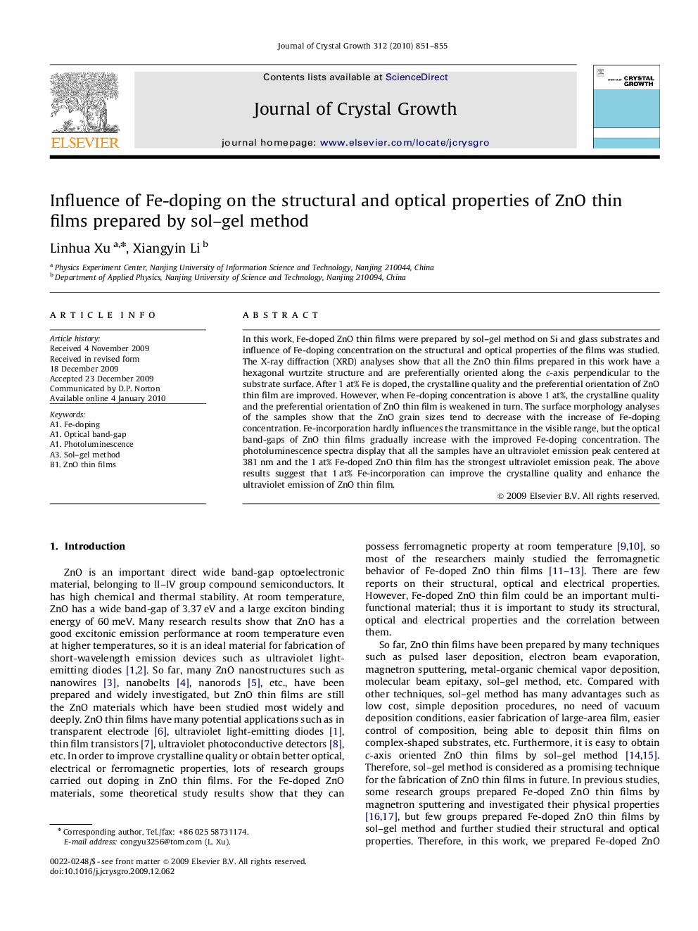 Influence of Fe-doping on the structural and optical properties of ZnO thin films prepared by sol–gel method