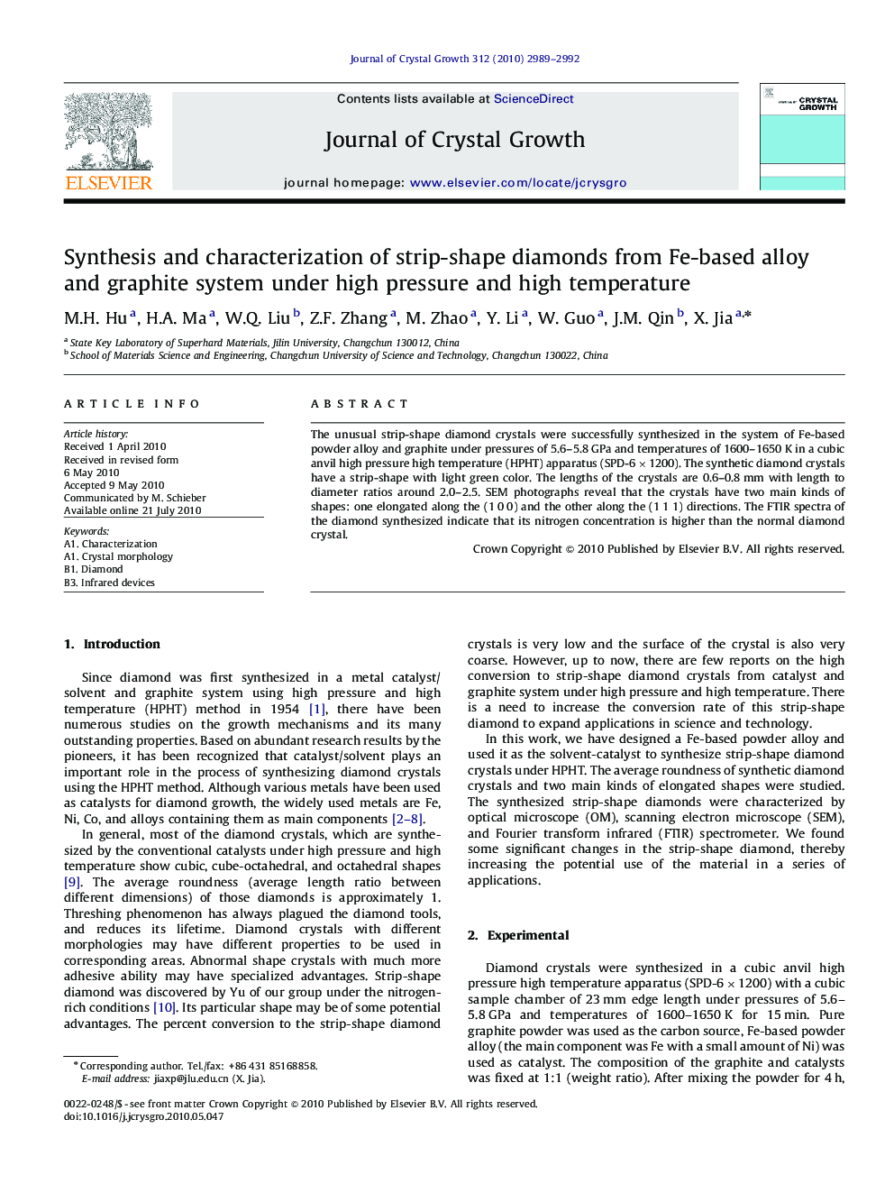 Synthesis and characterization of strip-shape diamonds from Fe-based alloy and graphite system under high pressure and high temperature