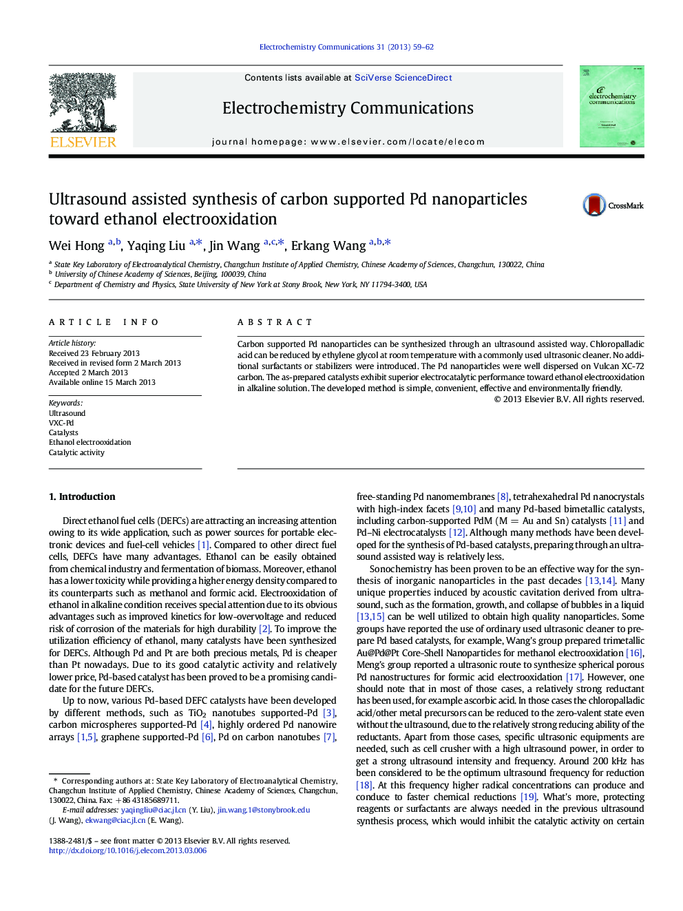 Ultrasound assisted synthesis of carbon supported Pd nanoparticles toward ethanol electrooxidation