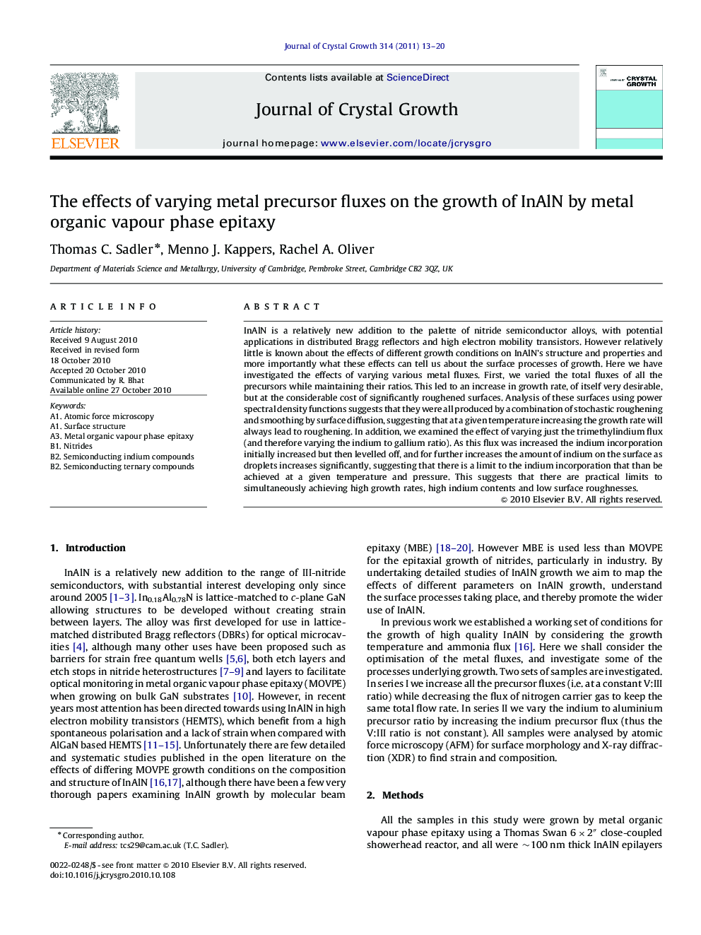 The effects of varying metal precursor fluxes on the growth of InAlN by metal organic vapour phase epitaxy