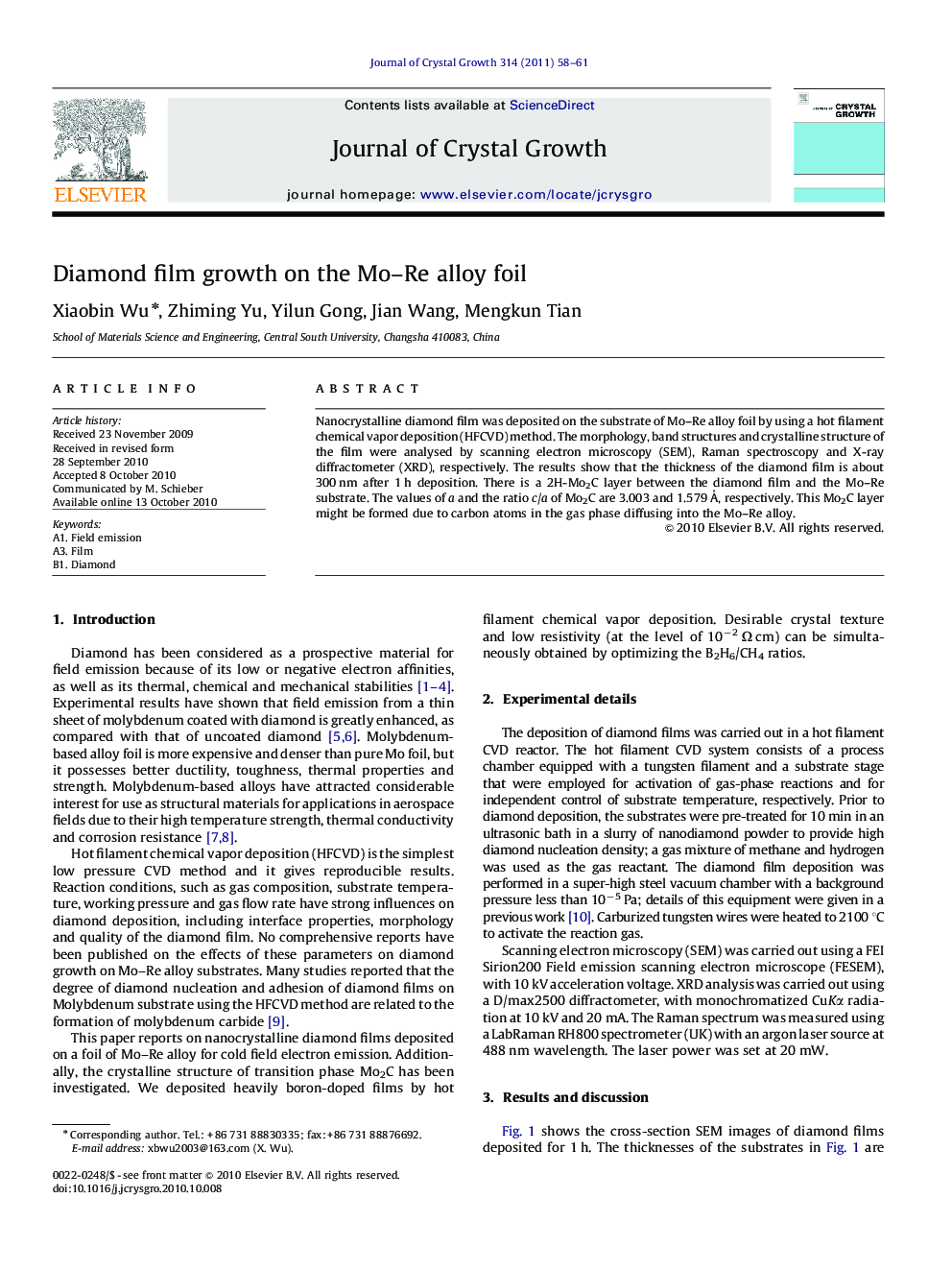 Diamond film growth on the Mo–Re alloy foil