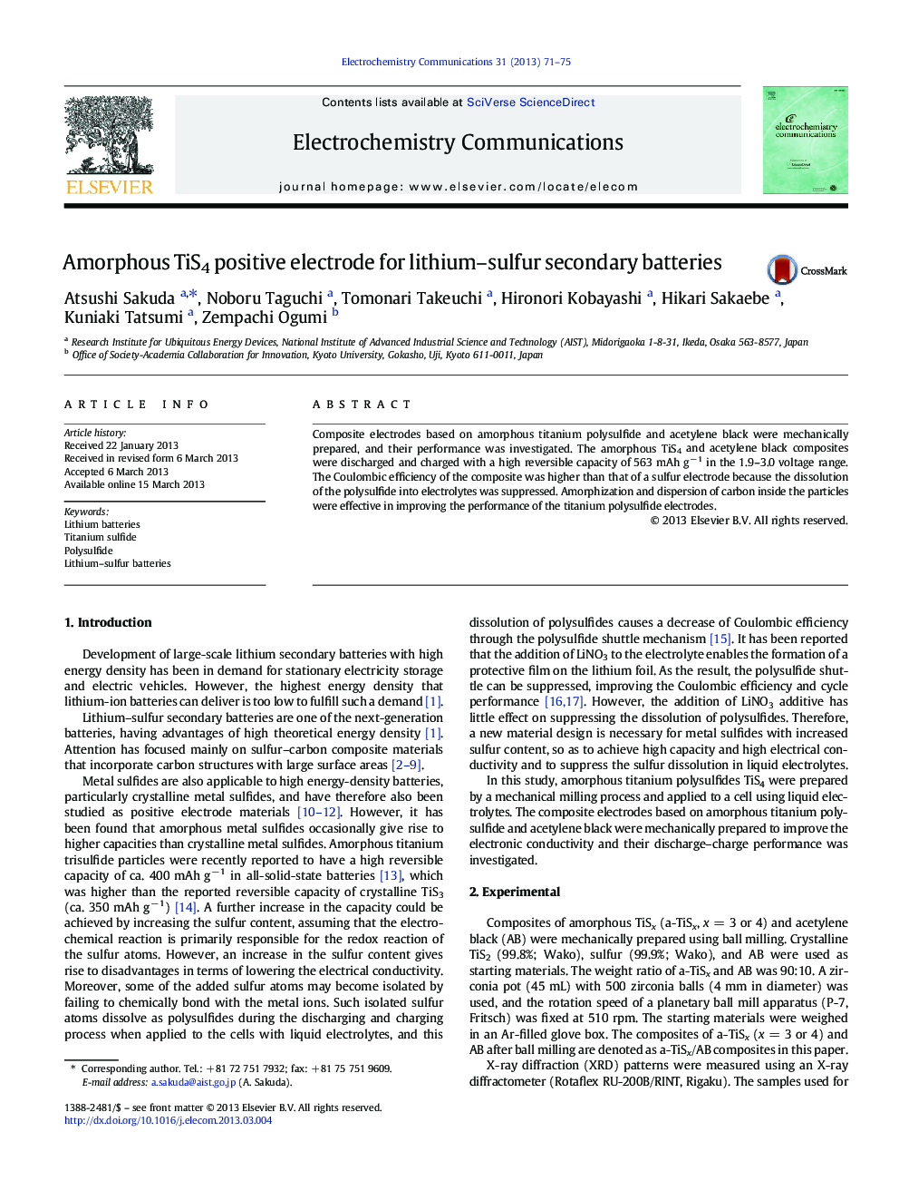 Amorphous TiS4 positive electrode for lithium–sulfur secondary batteries