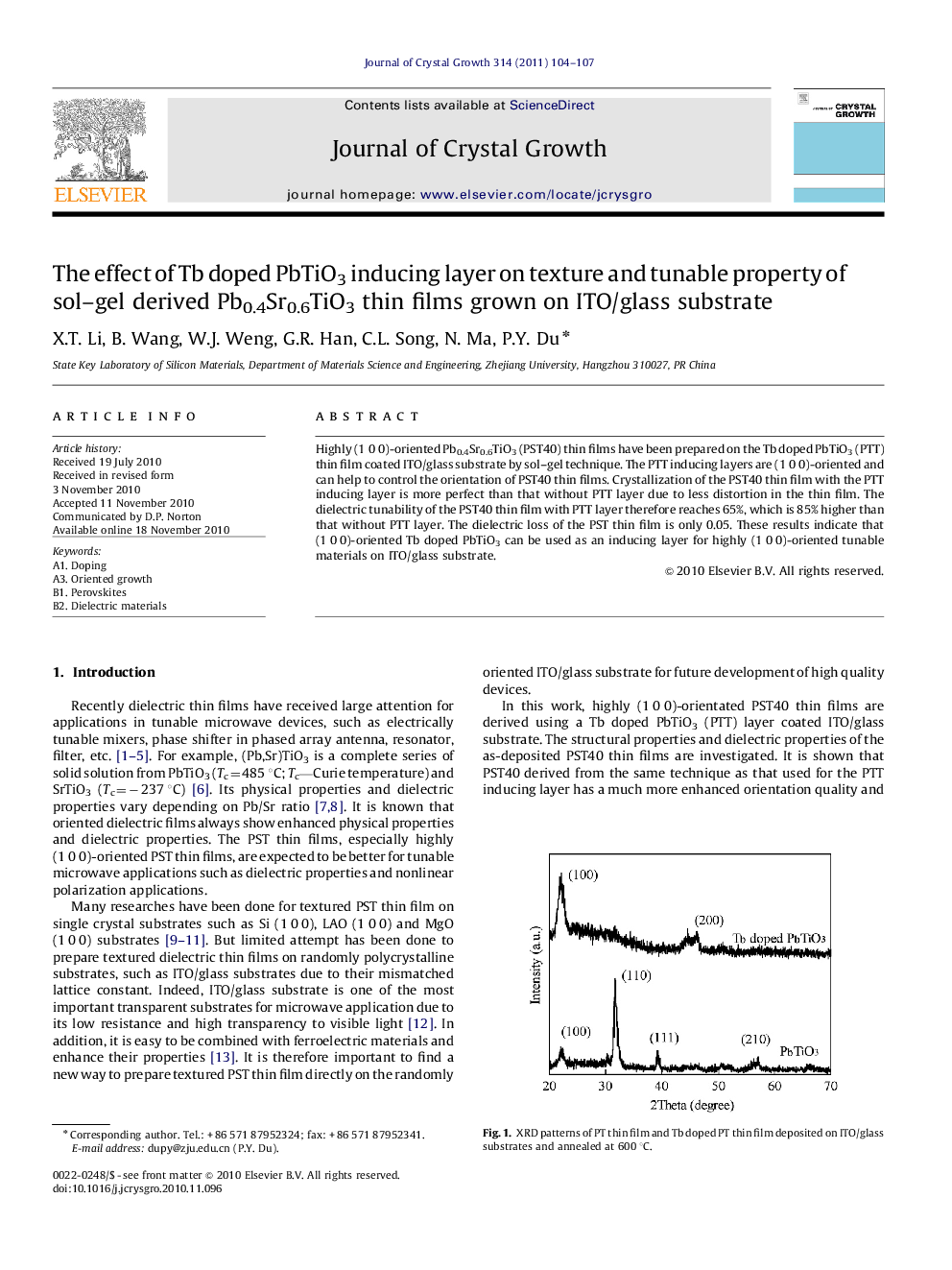 The effect of Tb doped PbTiO3 inducing layer on texture and tunable property of sol-gel derived Pb0.4Sr0.6TiO3 thin films grown on ITO/glass substrate