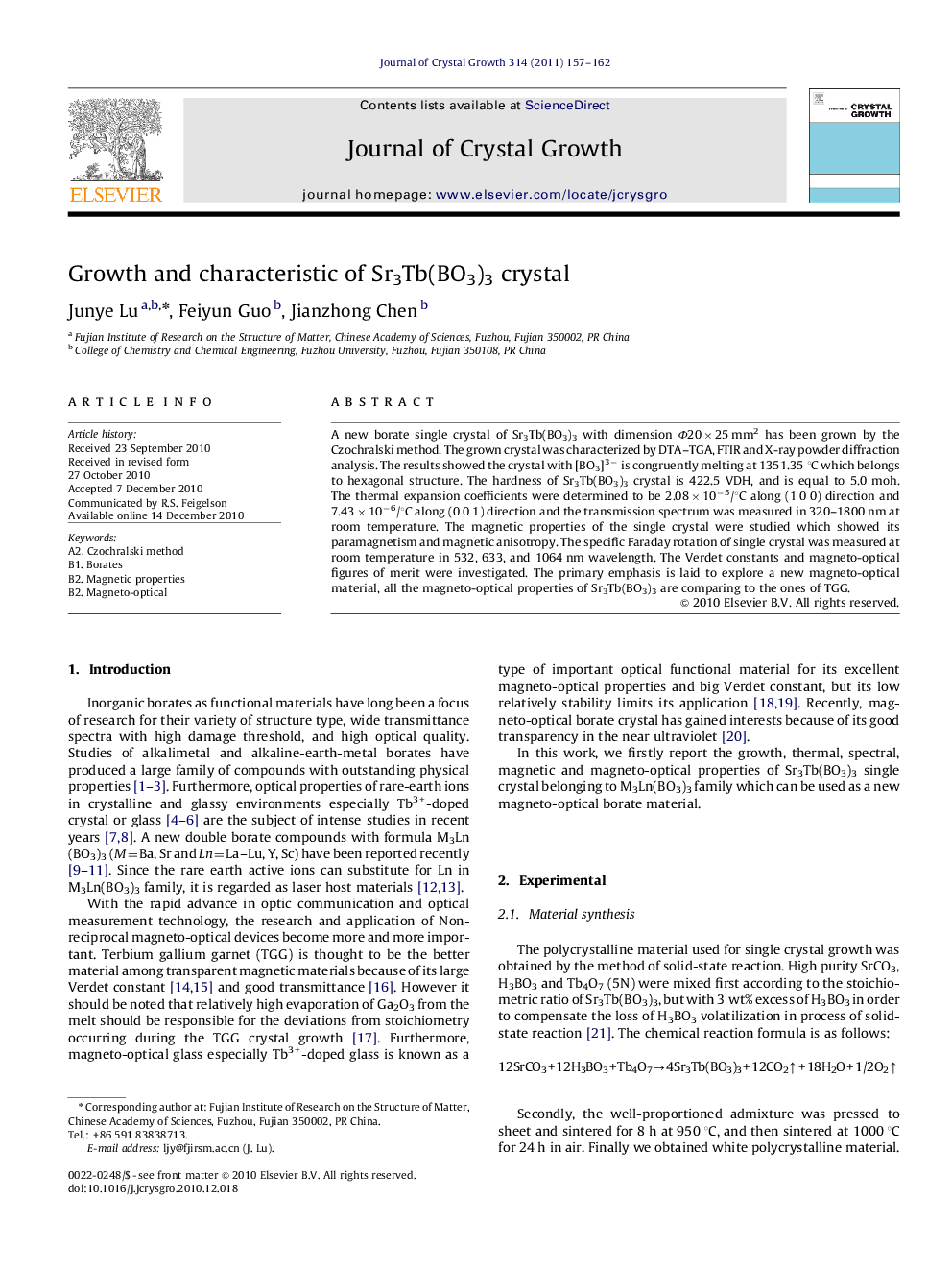 Growth and characteristic of Sr3Tb(BO3)3 crystal