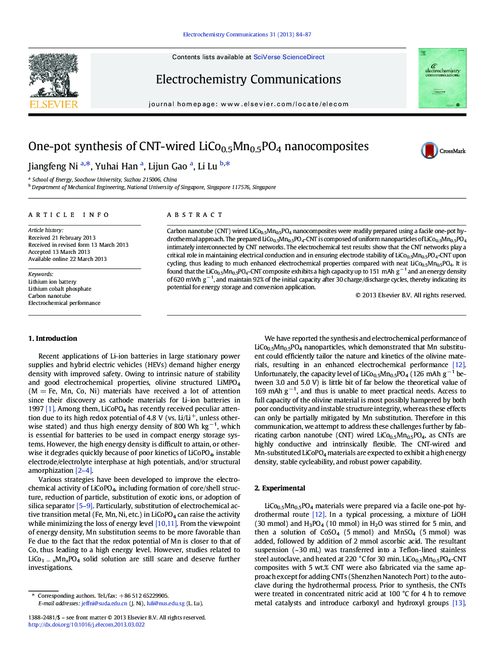 One-pot synthesis of CNT-wired LiCo0.5Mn0.5PO4 nanocomposites